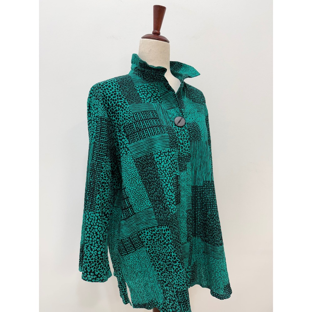 Ali Miles Button Blouse Large Green Black Abstract Patchwork Leopard Print Top